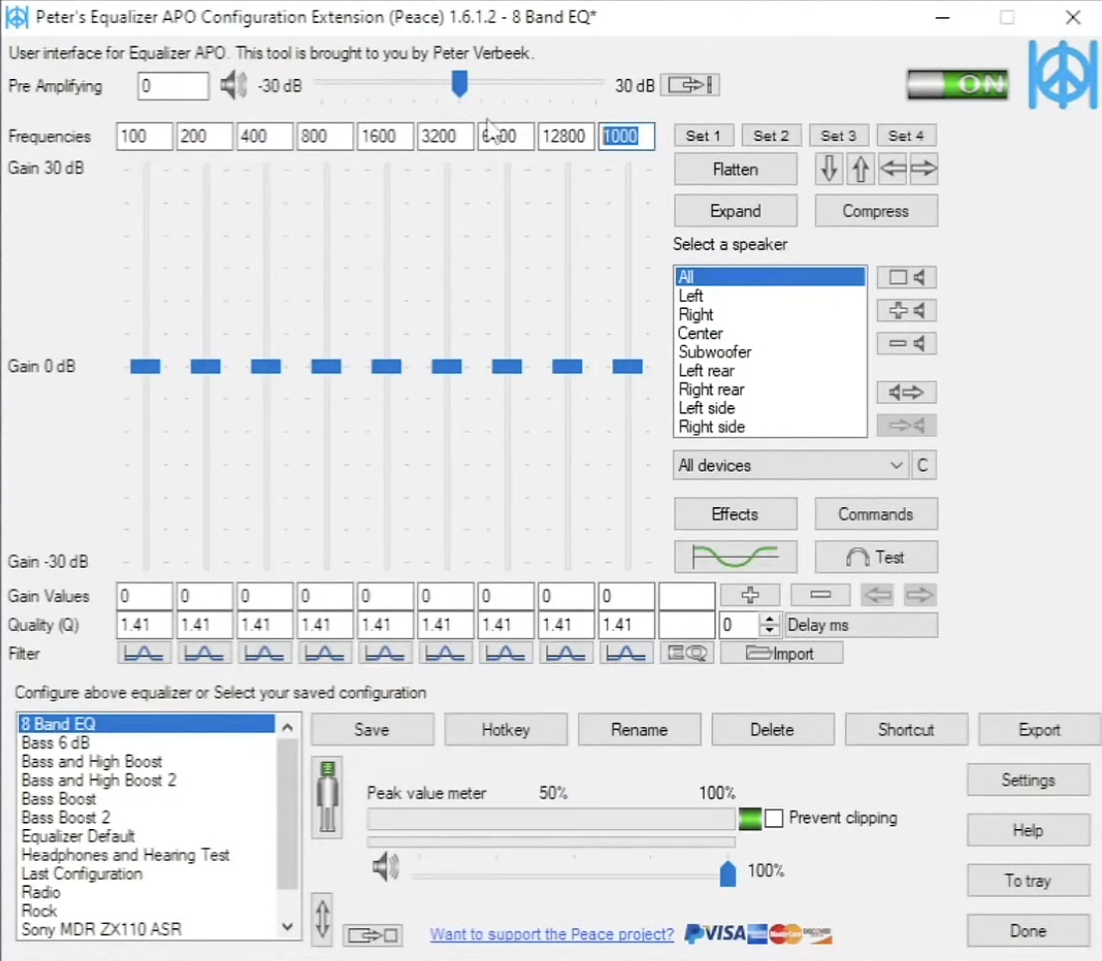 Adjust the frequency sliders and check values in Peace Equalizer