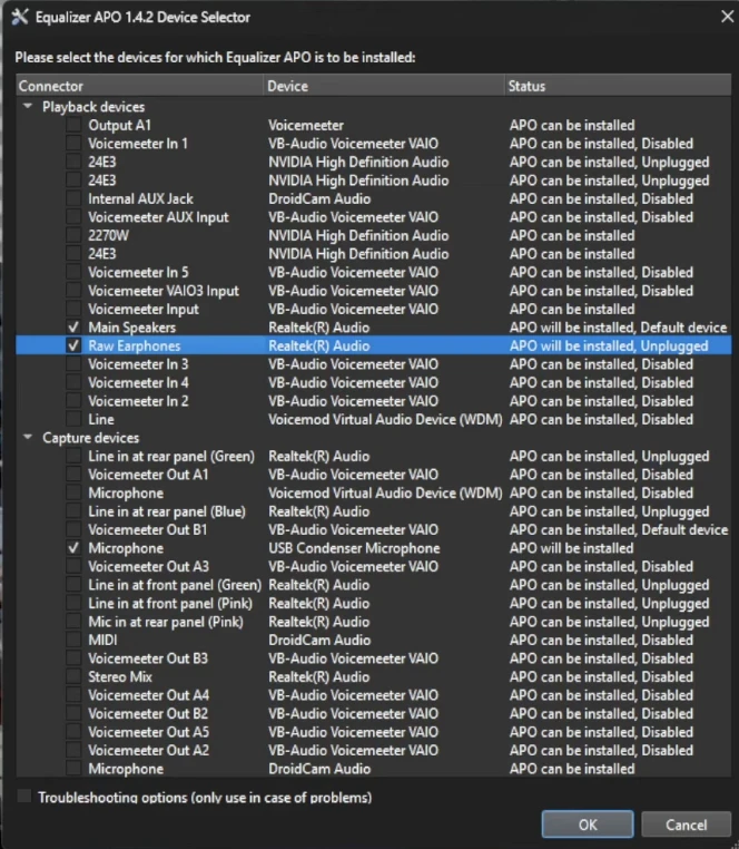 Check the audio device box and restart your computer