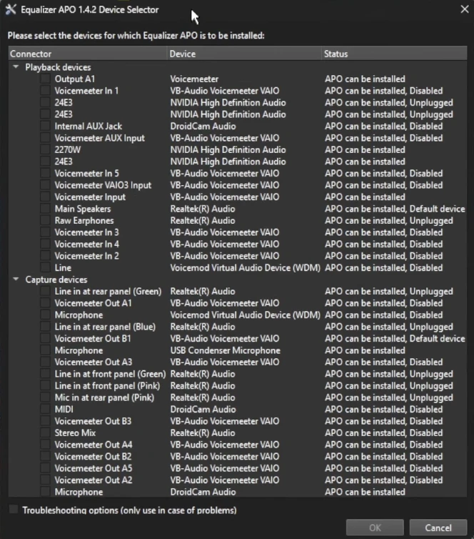 Select playback and capture audio devices in Configurator