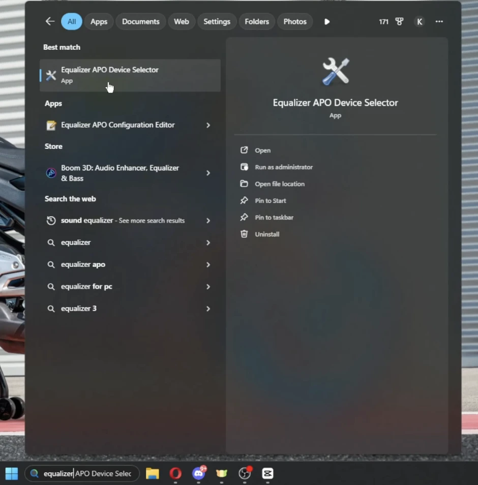 Search for Equalizer APO Device Selector in Windows Start Menu