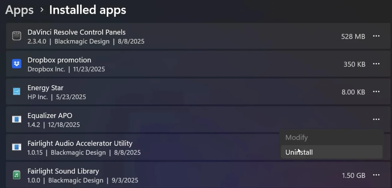 Find Equalizer APO inside Installed Apps list and click Uninstall