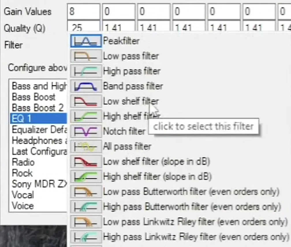 Peak filter Q factor trick for Low Shelf and High Shelf